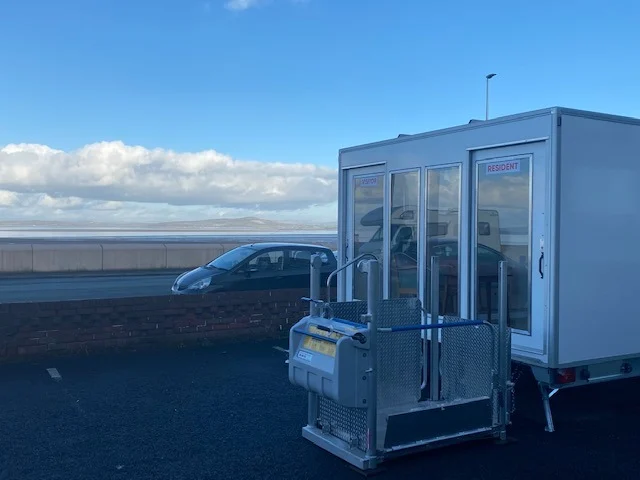 carehome trailer visiting pod at Morecambe sea front