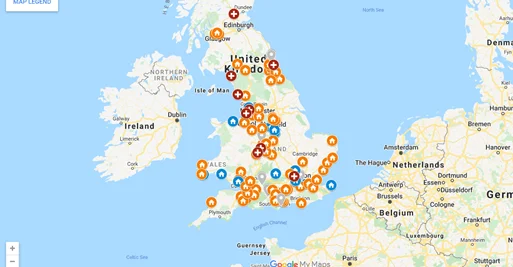 A map showing the location of Showplace Ltd's UK care pods and health care spaces