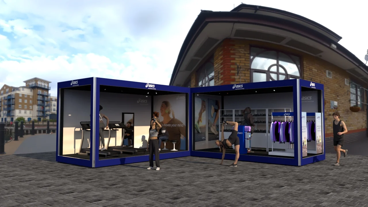 Two connected Asics pop-up containers featuring fitness equipment and apparel on an outdoor plaza.