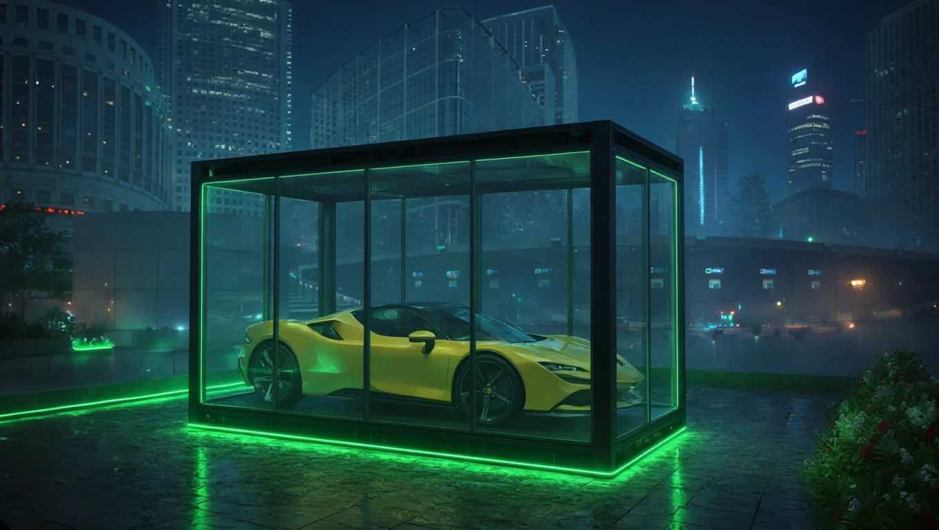 A yellow sports car sits inside a glowing green glass display case in a city at night.