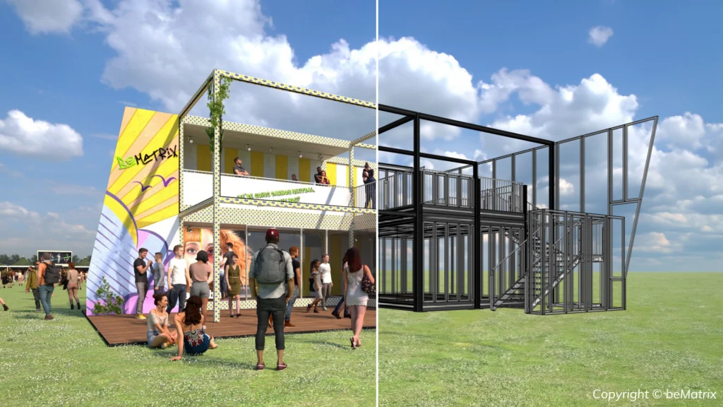 Split-screen comparison showing a finished BeMatrix pop-up structure alongside its bare metal frame construction.