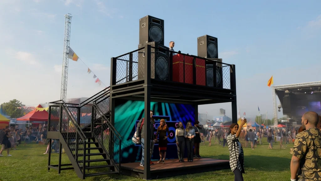 A DJ performs from a raised platform above a digital screen at an outdoor music festival.