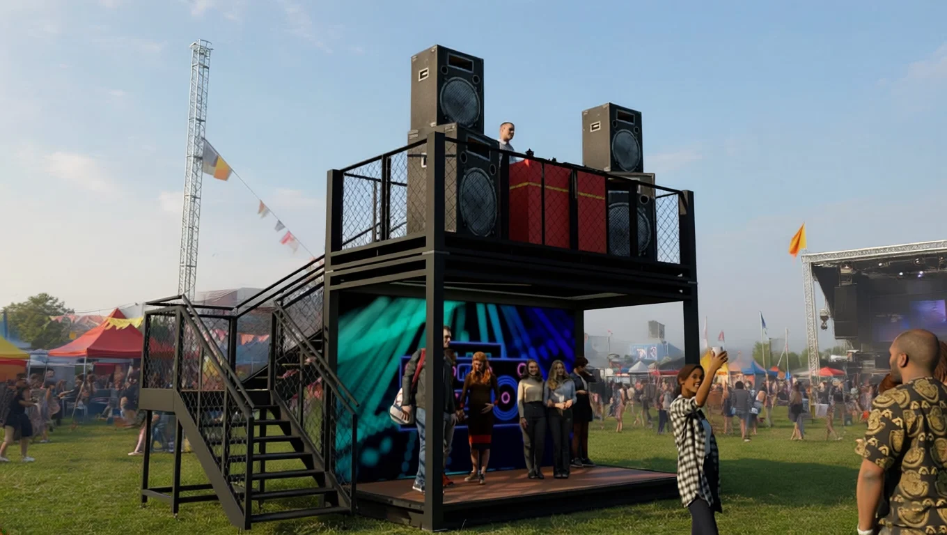 A DJ performs from a raised platform above a digital screen at an outdoor music festival.