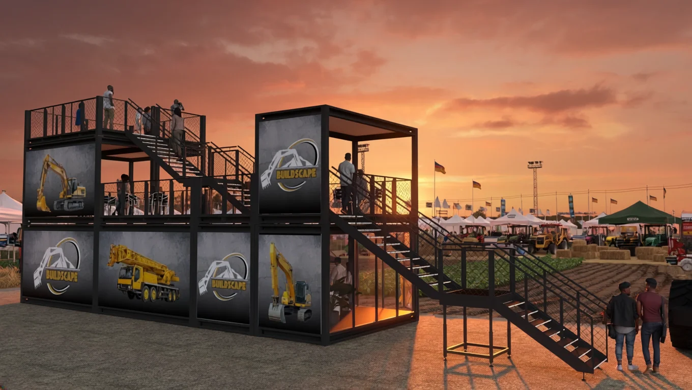 A two-story Buildscape trade show booth with stairs and construction equipment branding at an outdoor expo.